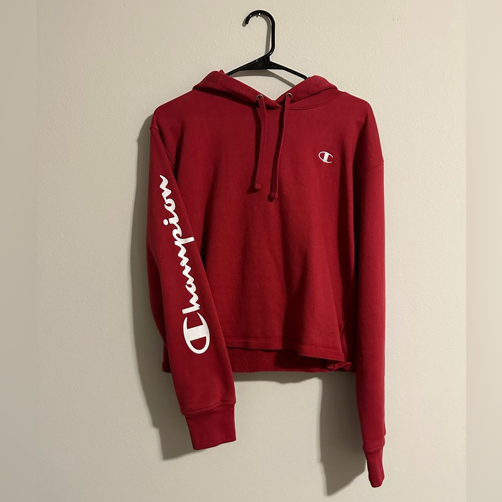 ~{ Red Champion Crop Top Hoodie }~
